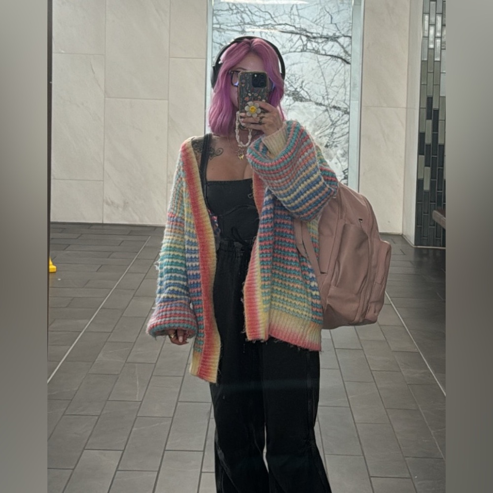 Pink lily rainbow striped pastel dressed lala open knit Cardigan